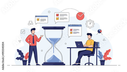 Two business professionals manage their workload and deadlines near a giant hourglass in a modern, productive office environment.