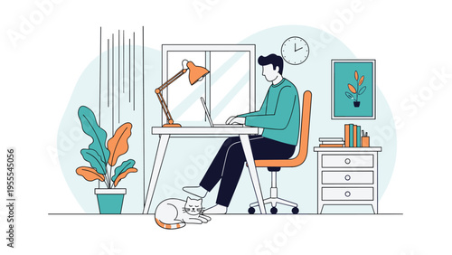 Freelancer works comfortably on his laptop at a tidy desk at home with his pet cat sleeping peacefully on the floor.