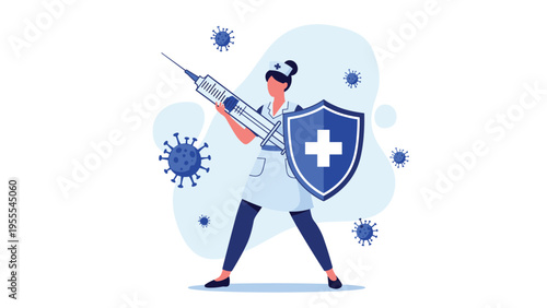 Brave nurse protects society against viruses by holding a large syringe and a shield with a medical cross symbol.