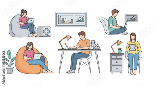Various people demonstrate flexible working styles by using laptops and tablets in different comfortable and casual home settings.