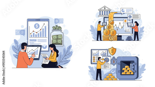 Professional team manages corporate finances by analyzing investment growth, saving money, and securing gold bars in a vault.