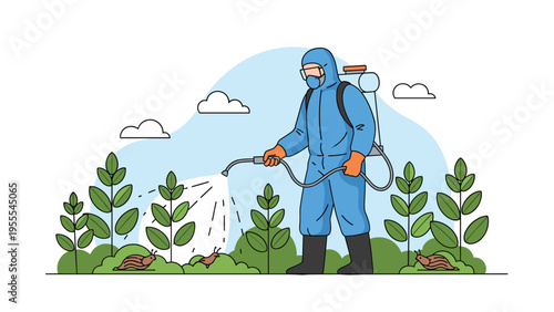 Person in a protective hazmat suit sprays chemical pesticides to eliminate harmful slugs and insect pests in a garden.