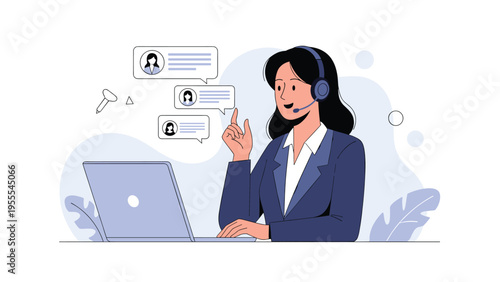 Professional female customer support agent with a headset works at her laptop and handles multiple incoming message notifications.