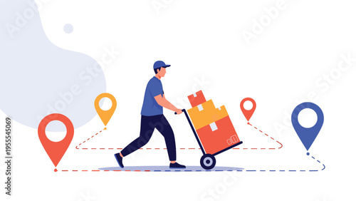 Delivery person quickly transports a stack of parcels using a hand truck while following a route marked with location pins.