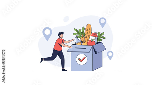 Delivery man carries a large box filled with fresh groceries and organic produce to a customer's location marked with pins.