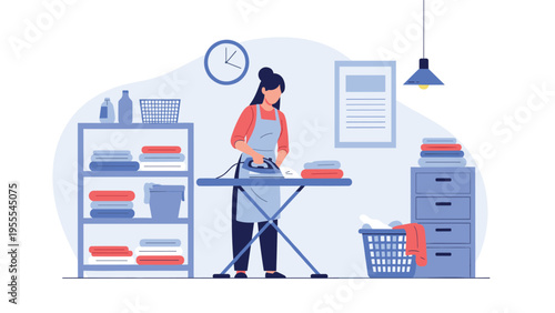 Woman performs household chores by ironing clothes on an ironing board in a well-organized laundry room with shelves.