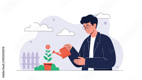 Man takes care of his garden by watering a single flower in a pot with a red watering can during a cloudy day.