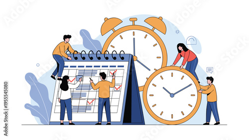 Team of professionals works together on a large calendar and giant clocks to manage complex projects and meet deadlines.