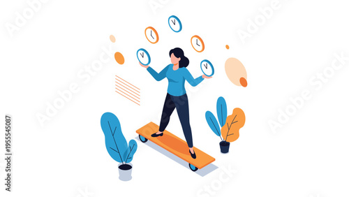 Skillful woman balances on a skateboard while juggling multiple clocks, symbolizing the challenge of work-life balance and time.