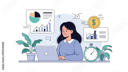 Professional businesswoman focuses on financial data and task timing while working on her laptop with a stopwatch and charts.