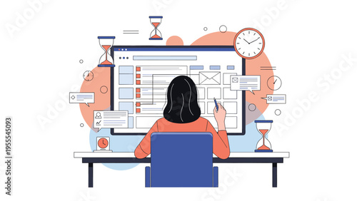 Professional woman manages a complex schedule and multiple deadlines while working at a large computer screen with timers.