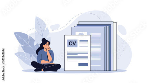 Thoughtful woman sits on the floor and contemplates her career options in front of a large stack of CV and resume documents.