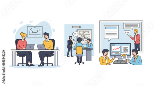 Three different scenes showing professionals working on their laptops and collaborating in a modern and busy office environment.