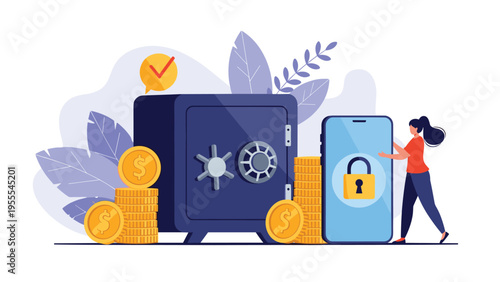 Young woman standing next to a secure smartphone and a heavy safe to represent financial protection and digital security.