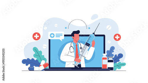 Doctor appearing on a laptop screen holding a giant syringe to represent digital healthcare and online medical services.