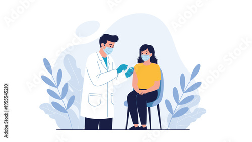 Male doctor wearing a mask and vaccinating a woman who is also wearing a mask to ensure safety and health protection.