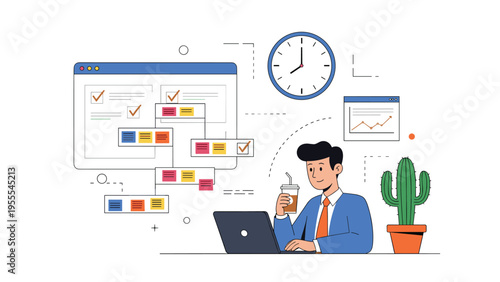 Professional man planning his tasks on a digital board while having coffee and working on his laptop next to a clock.