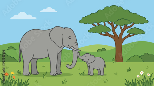 Gray elephant and small elephant interacting.