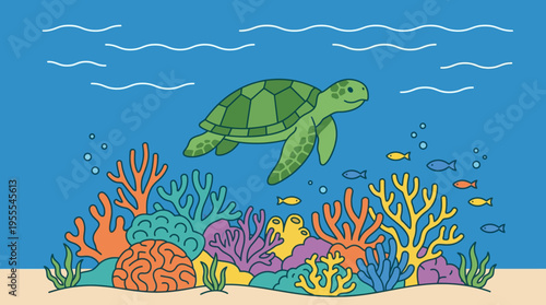 Green Sea Turtle Swimming Underwater.