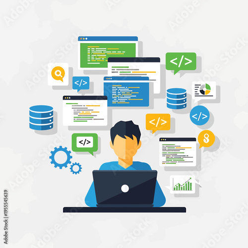 Flat illustration of a software developer coding on a laptop, surrounded by program windows, database icons, and web development elements, symbolizing IT solutions and digital innovation