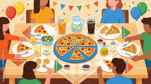 People eating pizza at a table.