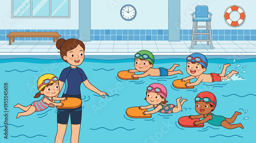 Swim Instructor Teaching Kids Swimming Lessons.