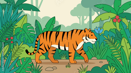 Tiger walking on dirt path.