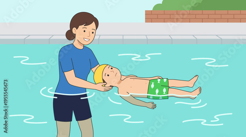 Woman teaching child to swim underwater.