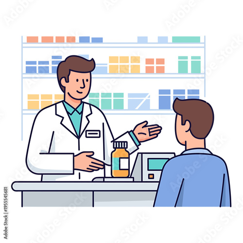 Friendly pharmacist provides professional healthcare advice and dispenses medication to a customer in a modern, clean drugstore setting