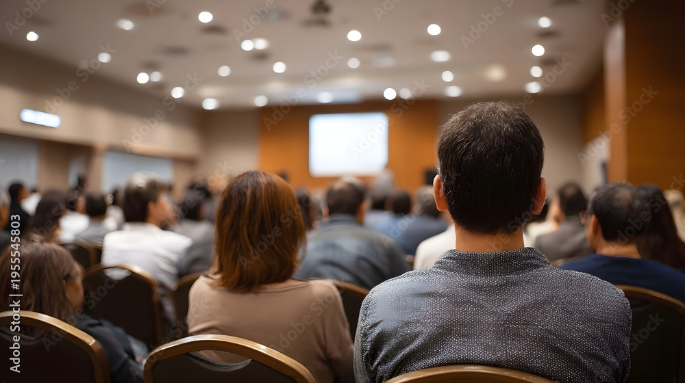 Fototapeta premium Audience seated in a conference hall viewed from behind attentively watching a presentation on a screen