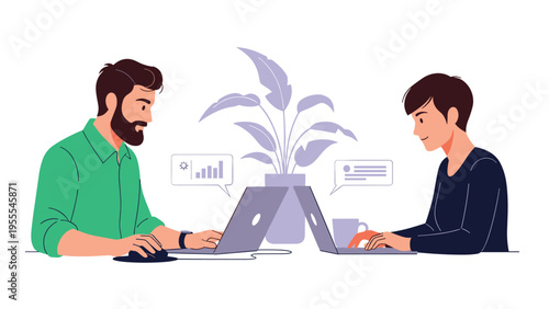 Two young business professionals or creative freelancers work diligently on their laptops while sitting at a table in a shared workspace.