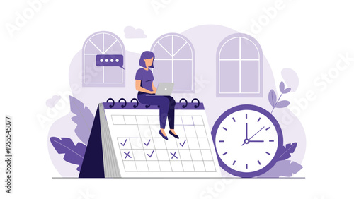 Woman sits on top of a giant calendar and works on her laptop to manage deadlines and her monthly schedule effectively.