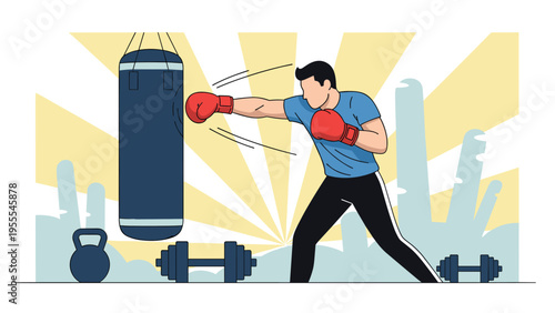 Strong man in a blue t-shirt trains by punching a heavy bag in a gym with weights and fitness equipment in the background.