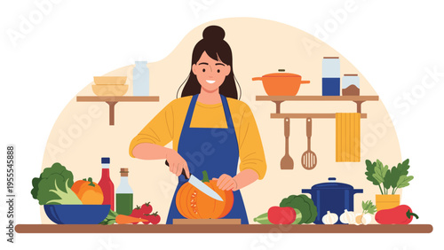 Smiling woman wearing a blue apron stands in a well equipped kitchen while carefully slicing a large orange pumpkin on a wooden cutting board.