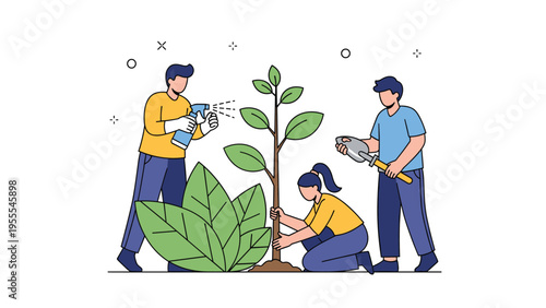 Group of dedicated volunteers work together to plant a young tree and care for surrounding foliage to support environmental sustainability.