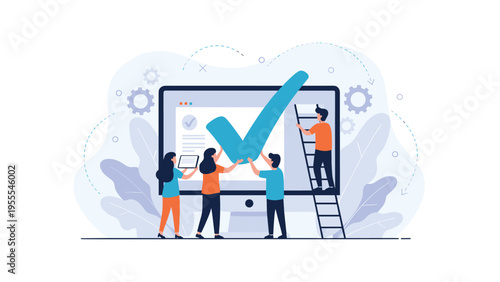 Small team of people working together to place a giant check mark on a large computer screen representing task completion.
