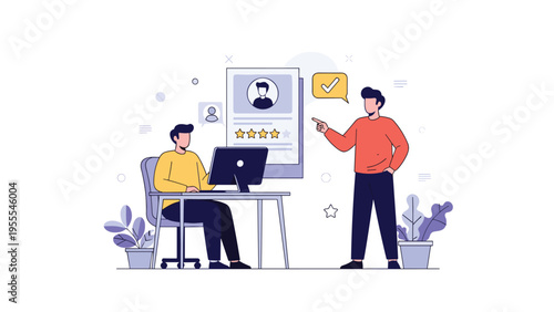 Recruiter pointing at a candidate profile with a high rating on a screen while an applicant works on a computer nearby.