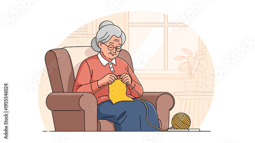 Elderly woman sitting comfortably in an armchair and knitting with yellow yarn in a peaceful domestic living room setting.