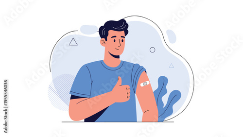 Young man giving a thumbs up after receiving a vaccination with a small adhesive bandage visible on his upper arm muscle.