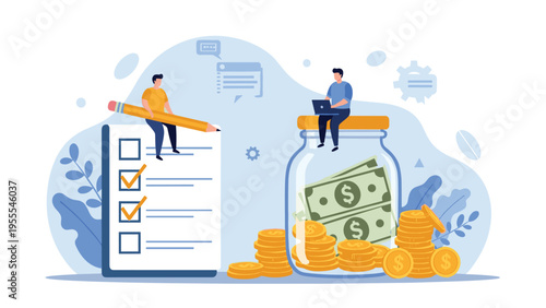 Two people working together to manage savings by sitting on a checklist and a glass jar full of paper money and gold coins.