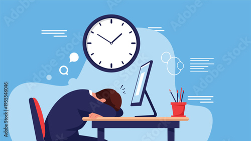 Overworked businessman sleeping at his desk in front of a computer with a large clock in the background representing burnout.