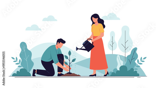 Young couple working together to plant a small tree in a park with one person watering it from a black plastic watering can.