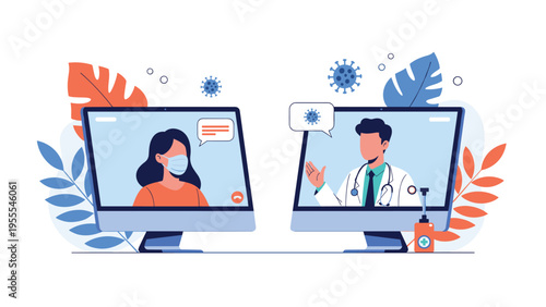 Patient wearing a mask and a doctor in a lab coat having a video call consultation about virus symptoms on two computer monitors.