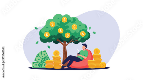Relaxed man enjoys his coffee while sitting under a prosperous money tree filled with gold coins and stacks of cash on the ground.