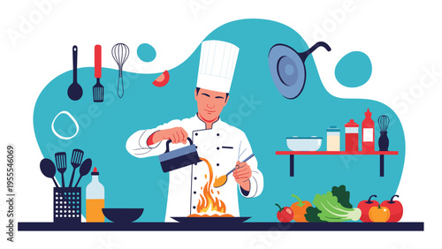 Talented chef in professional white attire carefully pours oil into a pan, creating flames while cooking a gourmet meal in a kitchen.