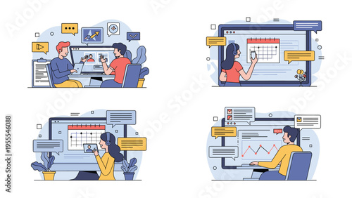 Diverse set of business illustrations depicts people managing schedules, analyzing data charts, and collaborating via digital interfaces.