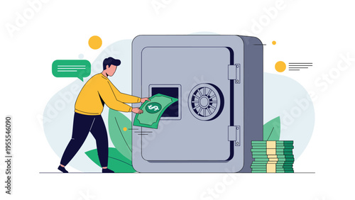 Young man in a yellow sweater securely deposits a large dollar bill into a massive grey steel safe for long-term financial savings.