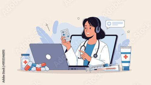 Medical professional provides a remote consultation through a laptop screen while holding a pack of medicine and surrounded by medical supplies.