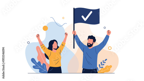 Happy young couple celebrates a significant achievement by raising their arms and holding a flag with a large white check mark.