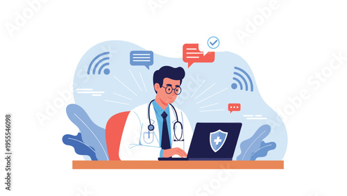 Focused doctor in a white lab coat works on his laptop, managing medical records and health data with various digital icons in the background.